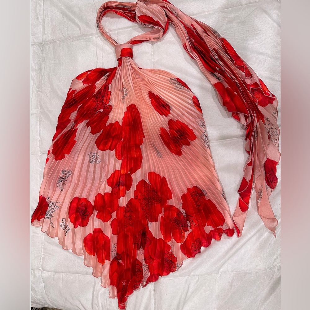 EMANUEL UNGARO PARIS Rare Silk Halter Red Pink Butterfly Sz 0 2 Xs S